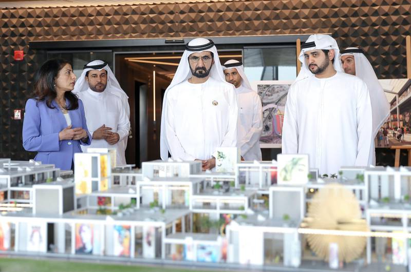 Sheikh Maktoum accompanies Sheikh Mohammed bin Rashid at tje Dubai Design District. Wam