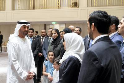 BERLIN, GERMANY - June 12, 2019: HH Sheikh Mohamed bin Zayed Al Nahyan, Crown Prince of Abu Dhabi and Deputy Supreme Commander of the UAE Armed Forces (L), speaks with Emirati students who are studying in Germany.

(Eissa Al Hammadi / For the Ministry of Presidential Affairs )
