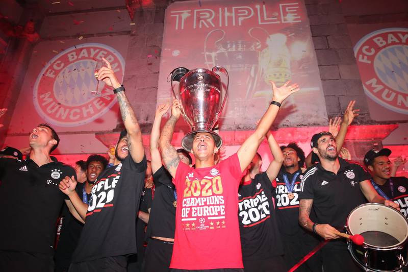 Bayern Munich's Thiago, centre, celebrating with teammates. EPA