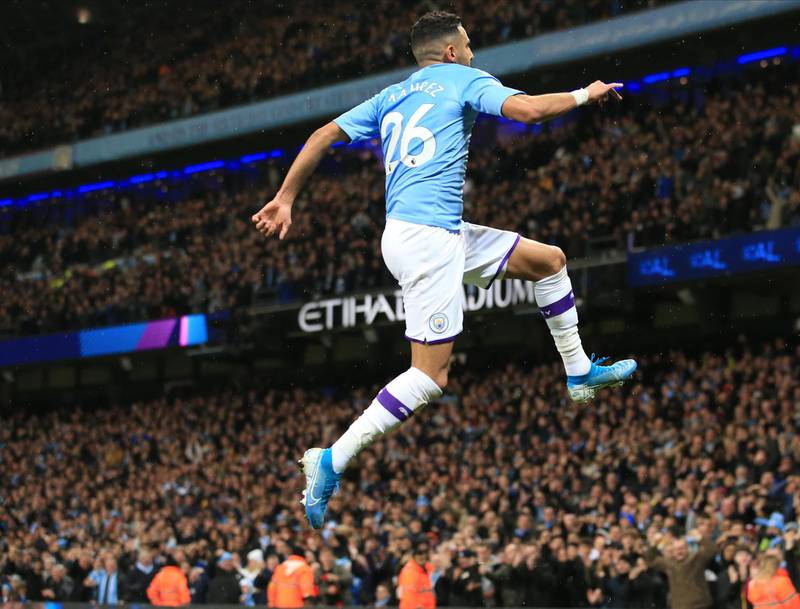 Manchester City's Riyad Mahrez celebrates after scoring a goal. EPA