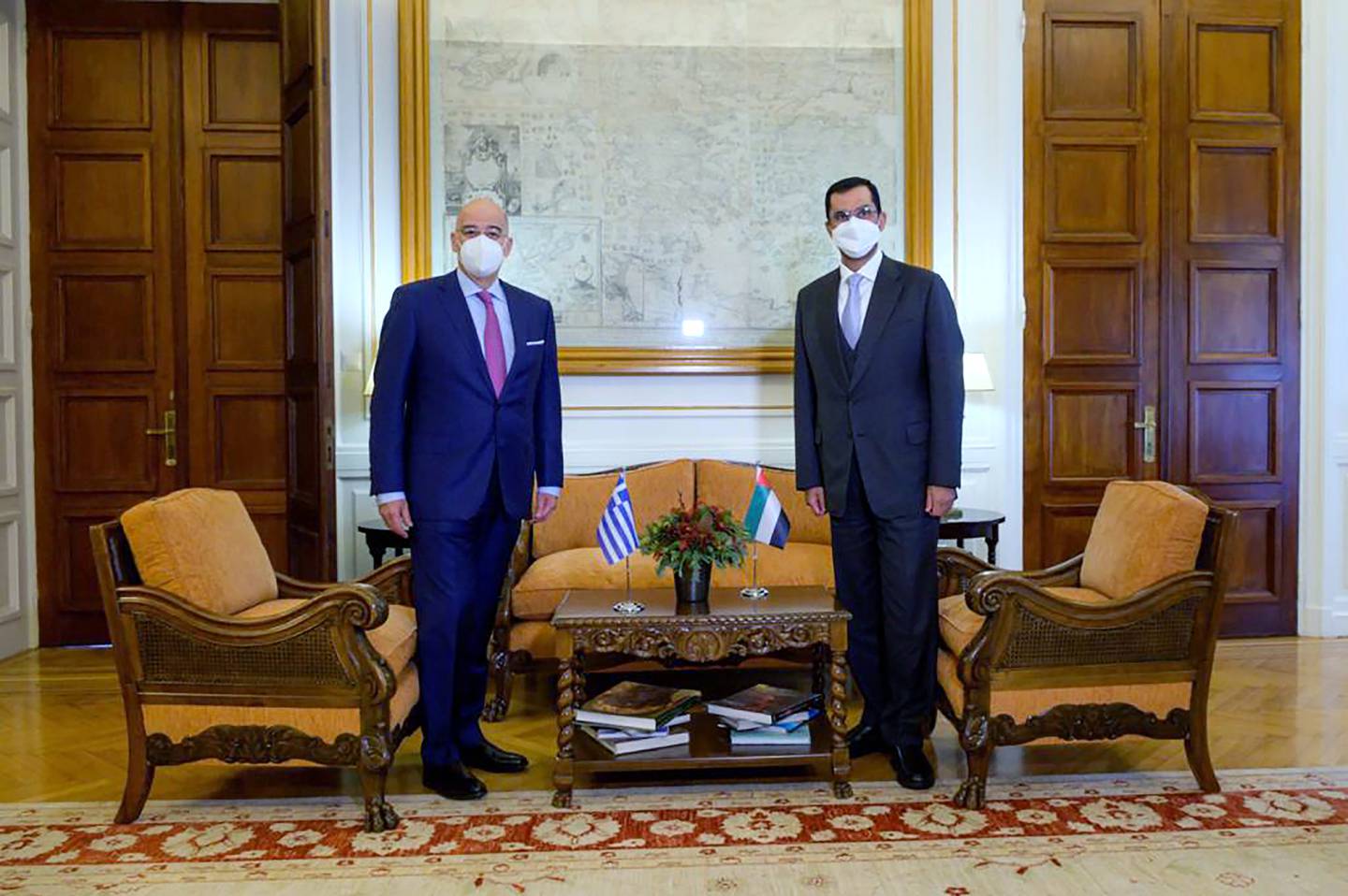 Dr Al Jaber and Nikos Dendias, Greek Minister of Foreign Affairs. Photo: Wam