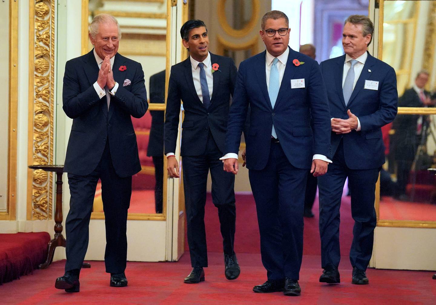 King Charles, Rishi Sunak, Alok Sharma and Brian Moynihan at a reception for world leaders, business figures, environmentalists and NGOs at Buckingham Palace. Getty Images