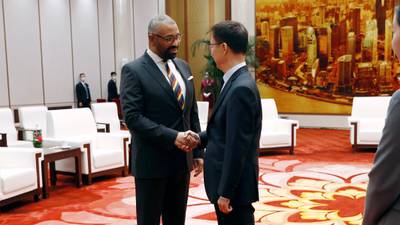 British Foreign Secretary James Cleverly and Chinese Vice President Han Zheng in Beijing on Wednesday. EPA
