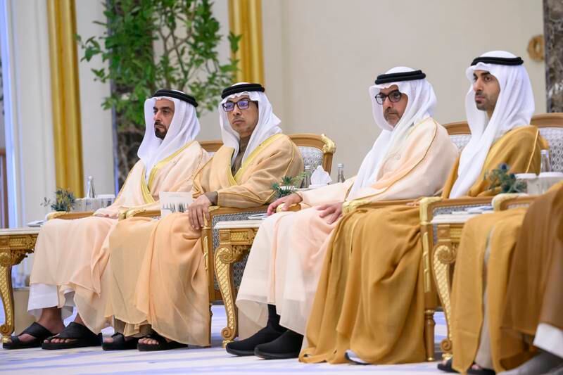 Sheikh Mansour bin Zayed, Deputy Prime Minister and Minister of the Presidential Court, Lt General Sheikh Saif bin Zayed Al Nahyan, Deputy Prime Minister and Minister of Interior, Sheikh Hamdan bin Mohamed bin Zayed and Sheikh Hamed bin Zayed, Managing Director of Abu Dhabi Investment Authority and Abu Dhabi Executive Council member at Qasr Al Watan