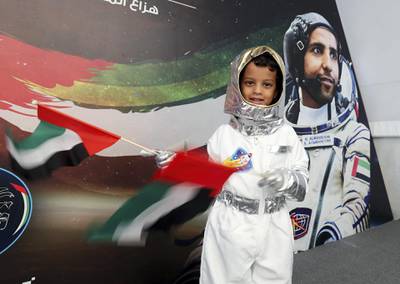 Dubai, United Arab Emirates - September 27, 2019: Live call with Hazza Al Mansouri. The Emirati astronaut will be answering some questions from space. Friday the 27th of September 2019. Mohammed Bin Rashid Space Centre, Dubai. Chris Whiteoak / The National
