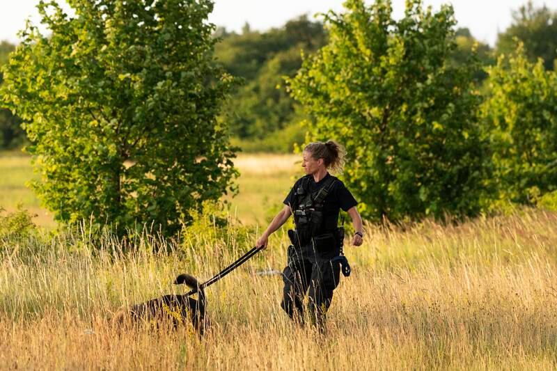 A police officer patrols with a police dog near Fields shopping centre in Copenhagen. EPA