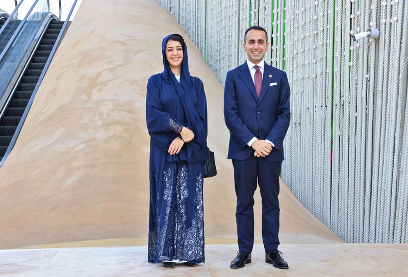 Italian Foreign Minister Luigi Di Maio with Reem Al Hashimy, Minister of State for International Co-operation and director general of Expo 2020, near the Italian pavilion. AFP