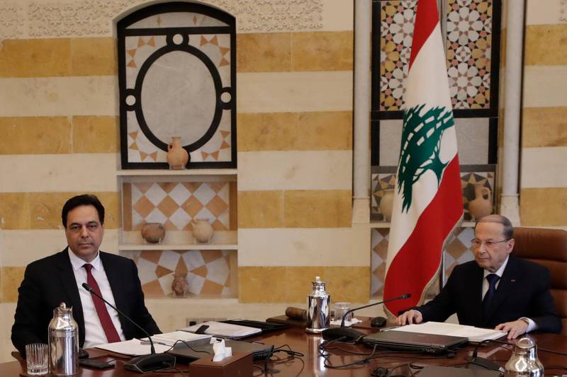 Lebanese President Michel Aoun heads the first meeting of Prime Minister Hassan Diab's newly formed government. AP