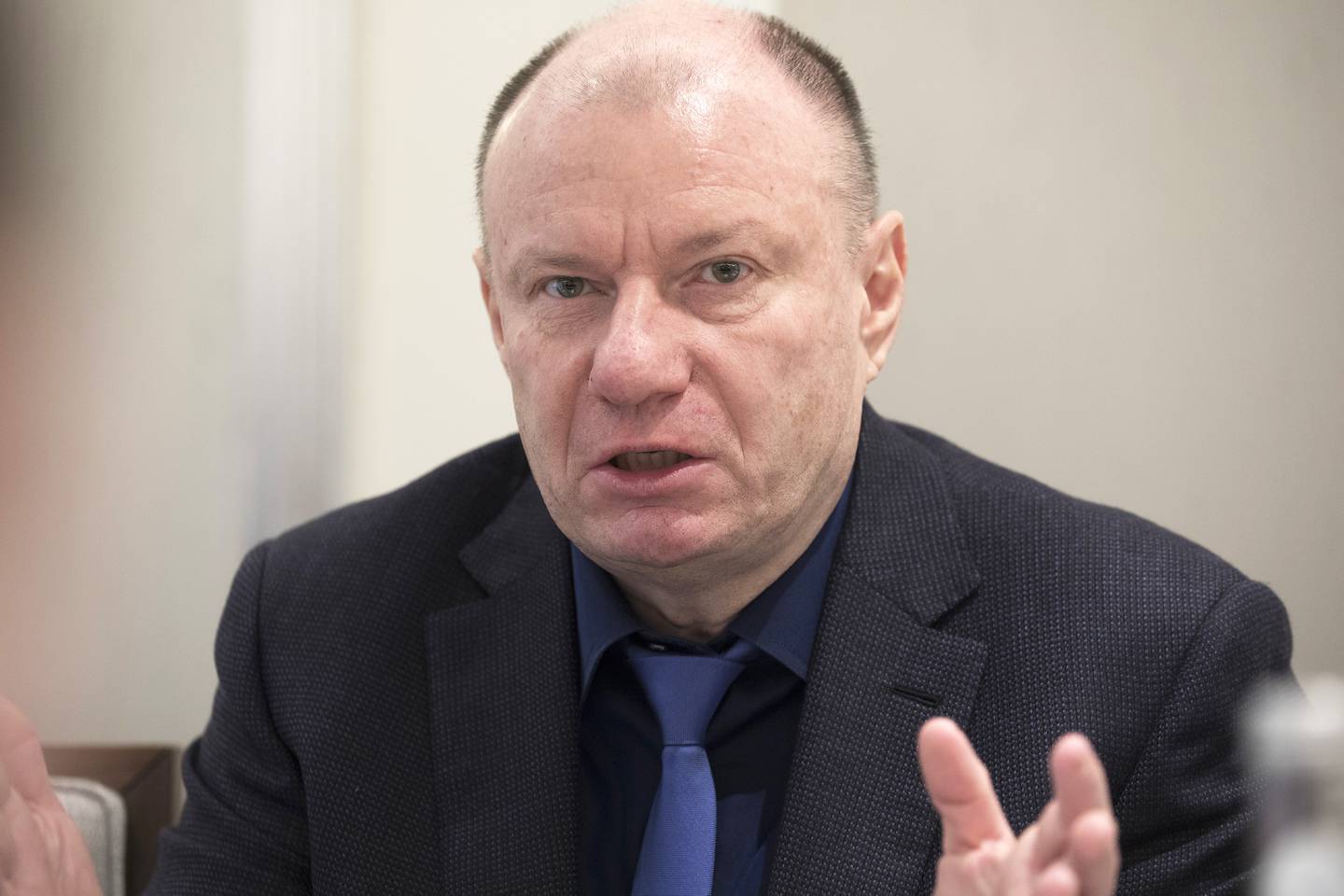 Vladimir Potanin, billionaire and owner of OAO GMK Norilsk Nickel, gestures as he speaks during an interview in London, U.K., on Monday, Nov. 20, 2017. Potanin is within a hair’s breadth of regaining his ranking as Russia’s richest tycoon this year. Photographer: Jason Alden/Bloomberg