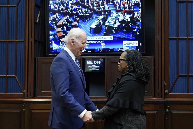 President Joe Biden and Supreme Court nominee Judge Ketanji Brown Jackson watch from the White House in Washington as the Senate votes on her confirmation. AP