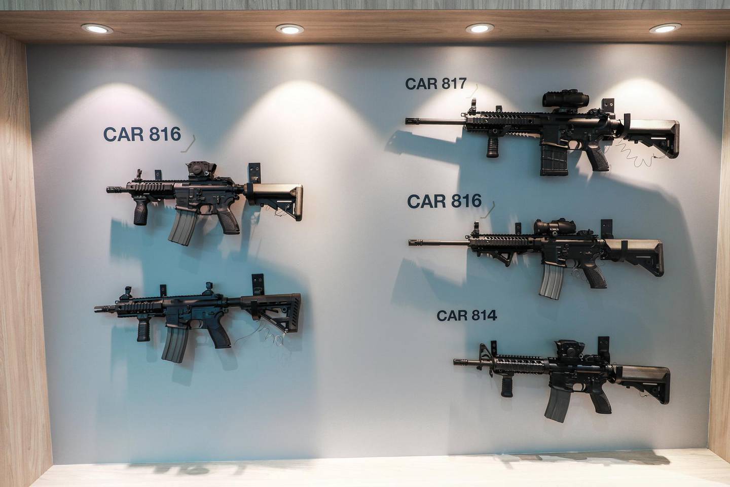 Abu Dhabi, U.A.E., February 17, 2019. INTERNATIONAL DEFENCE EXHIBITION AND CONFERENCE  2019 (IDEX) Day 1-- CARACAL Stand with the CAR series assault rifle.Victor Besa/The NationalSection:  NAReporter:  Dania Saadi