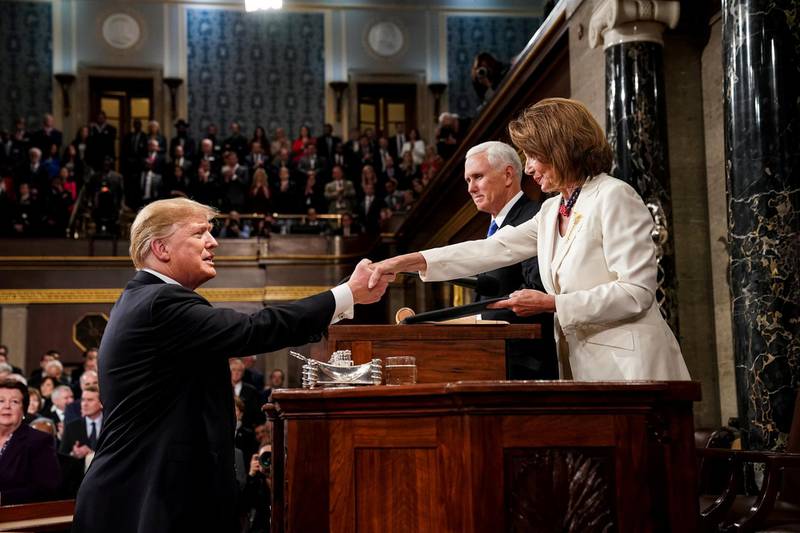 FEBRUARY 5, 2019 - WASHINGTON, DC: President Donald Trump before delivering the State of the Union address, with Vice President Mike Pence and Speaker of the House Nancy Pelosi, at the Capitol in Washington, DC on February 5, 2019. Doug Mills/The New York Times/Pool via REUTERS     TPX IMAGES OF THE DAY