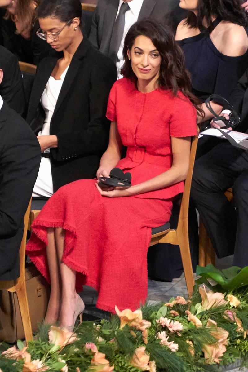 OSLO, NORWAY - DECEMBER 10:  Amal Clooney attends the Nobel Peace Prize ceremony 2018 at Oslo City Town Hall on December 10, 2018 in Oslo, Norway. The Congolese gynaecologist, Denis Mukwege, who has treated thousands of rape victims, and Nadia Murad, the Iraqi Yazidi, who was sold into sex slavery by Isis, have been jointly awarded the 2018 Nobel peace prize in recognition for their efforts to end the use of sexual violence as a weapon in war.  (Photo by Erik Valestrand/Getty Images)