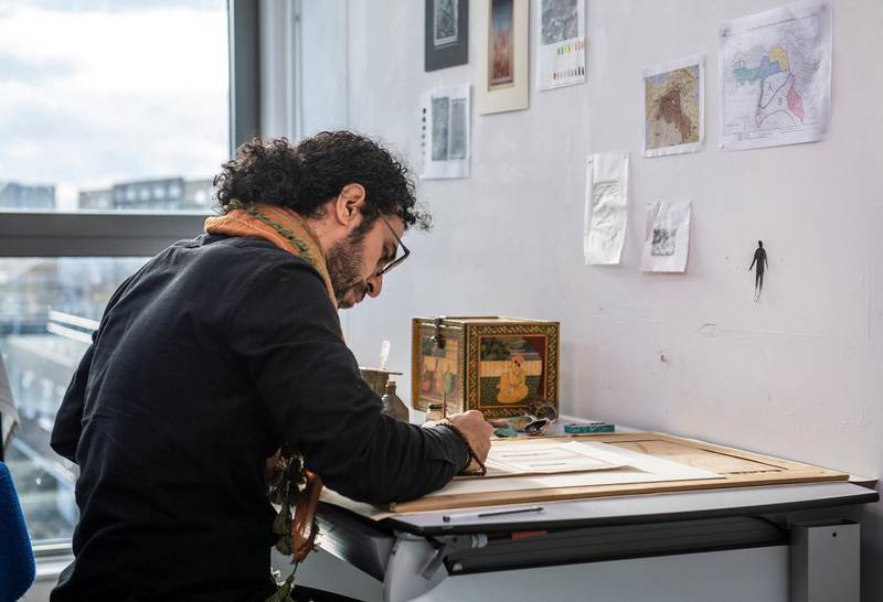 Portrait of Shorsh Saleh in his studio in South London. IWM has commissioned Shorsh to create artwork for it’s upcoming Refugee exhibition season, running in 2020.Photographed 16th January 2020.
