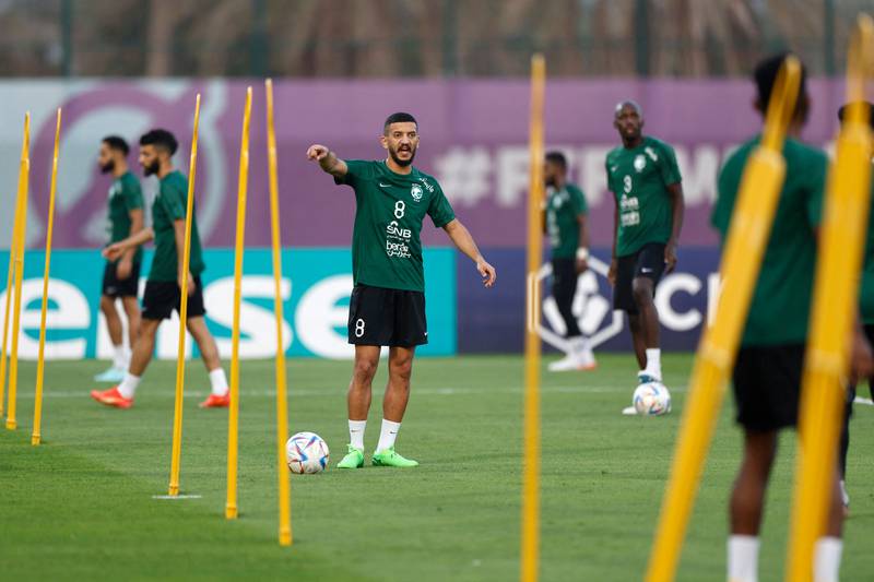 Saudi Arabia players take part in a training session at the Sealine Beach Resort in Doha. AFP