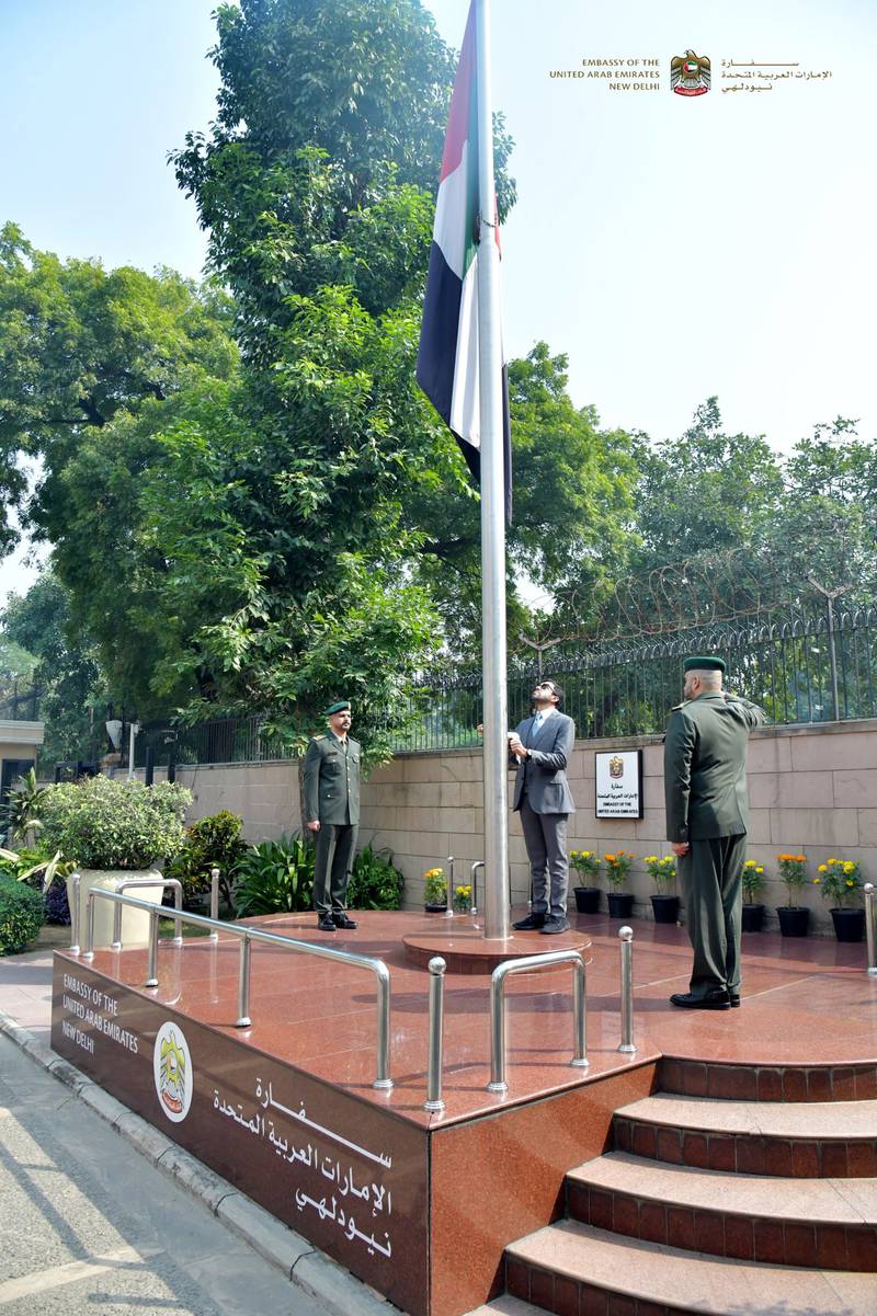Dr Abdul Nasser Al Shaali, UAE's ambassador to India, raise the flag at the embassy in New Delhi.