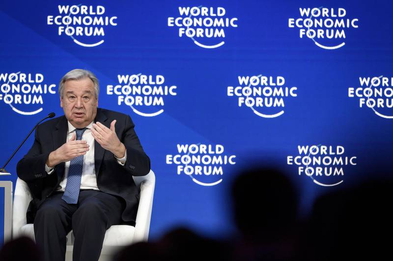 United Nations (UN) Secretary-General Antonio Guterres delivers a speech during the World Economic Forum (WEF) annual meeting, on January 23, 2019 in Davos, eastern Switzerland.  / AFP / Fabrice COFFRINI
