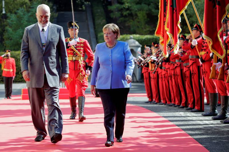 German Chancellor Angela Merkel with the Albanian Prime Minister, Edi Rama, in Tirana, Albania. Photo: Reuters