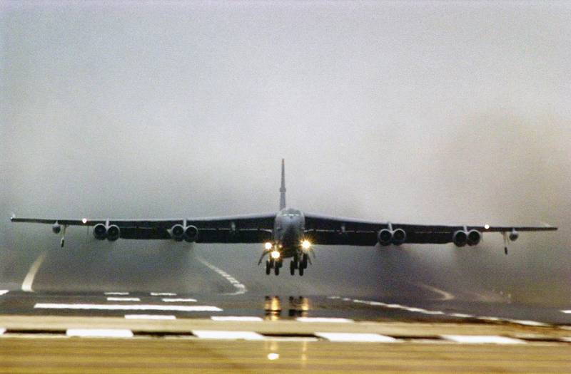 An American B52 bomber takes off from RAF Fairford in Gloucestershire. Although there are no details about its mission or destination, recent activity at the base suggest that the eight aircraft were heading for Iraq. No Use UK. No Use Ireland. No Use Belgium. No Use France. No Use Germany. No Use Japan. No Use China. No Use Norway. No Use Sweden. No Use Denmark. No Use Holland