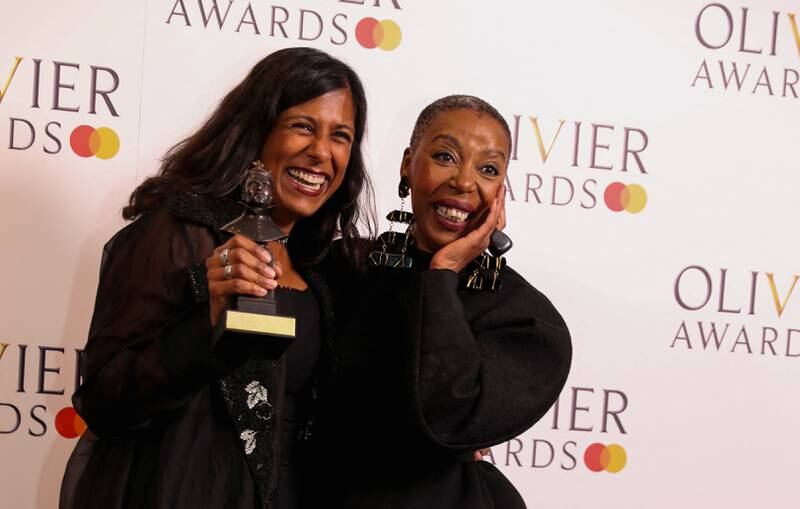 Lolita Chakrabarti and Noma Dumezweni with the Best New Play award for "Life of Pi". Reuters