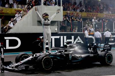 Race winner Lewis Hamilton celebrates in parc ferme during the F1 Grand Prix of Abu Dhabi at Yas Marina Circuit. Getty