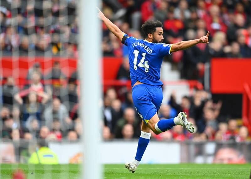 Andros Townsend runs off in celebration after scoring for Everton against Manchester United. Getty