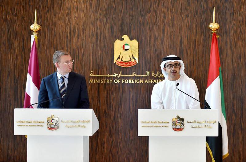 Foreign Minister Sheikh Abdullah bin Zayed met Latvian Foreign Minister, Edgars Rinkevics, on Monday. The ministers discussed ways to boost ties and cooperation between the two countries. Wam