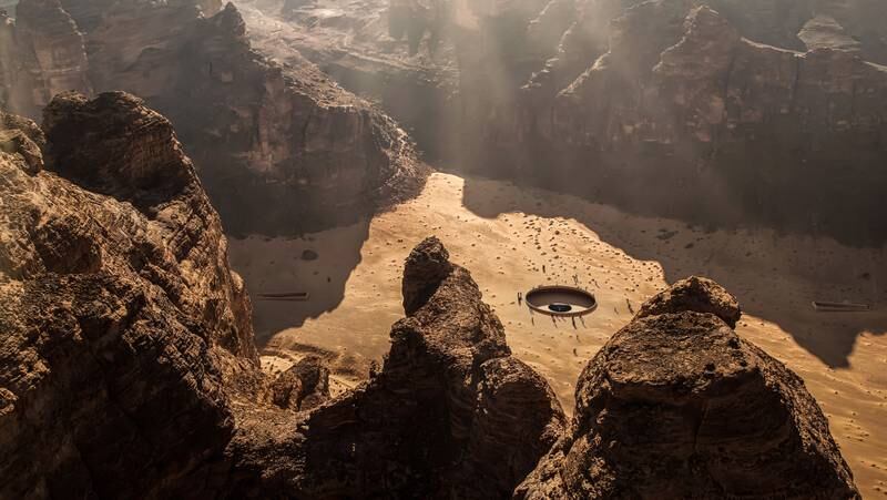 A render of Ahmed Mater's work for Wadi AlFann, which will create a hologram of the viewer hovering on the ground. Photo: Athr Gallery