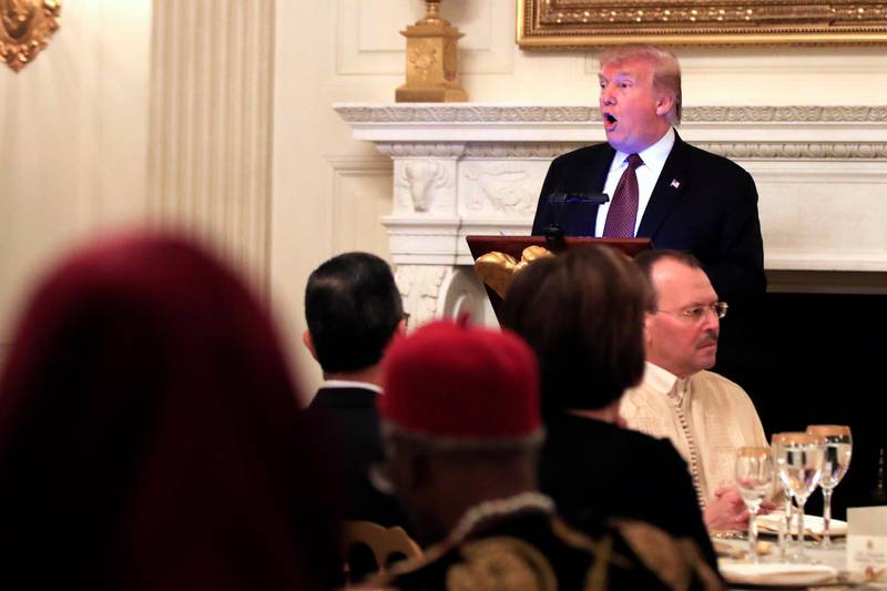 President Donald Trump speaks at an iftar dinner, which breaks a daylong fast, celebrating Islam's holy month of Ramadan, in the State Dining Room of the White House in Washington, Monday, May 13, 2019. (AP Photo/Manuel Balce Ceneta)