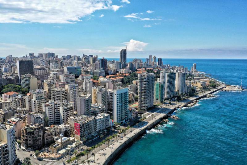 This picture taken on March 21, 2020 shows an aerial view of the portion of the road along the corniche of Lebanon's capital Beirut, as streets empty to minimise social contact as part of efforts against COVID-19 coronavirus disease. / AFP / -

