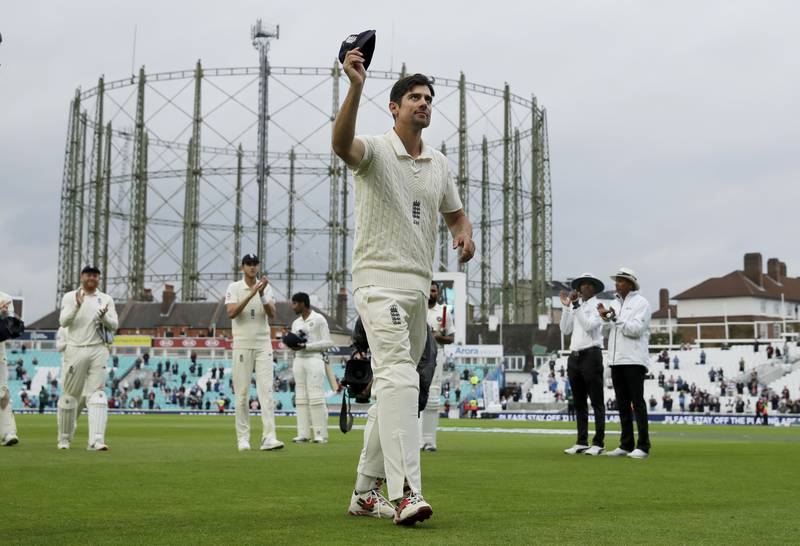 England's Alastair Cook at the end of his final match before retiring from Test cricket, against India at The Oval in September, 2018. AP
