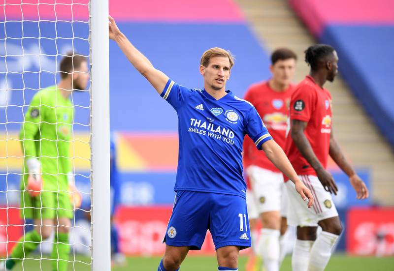 Marc Albrighton of Leicester City reacts during the match against Manchester United. Getty