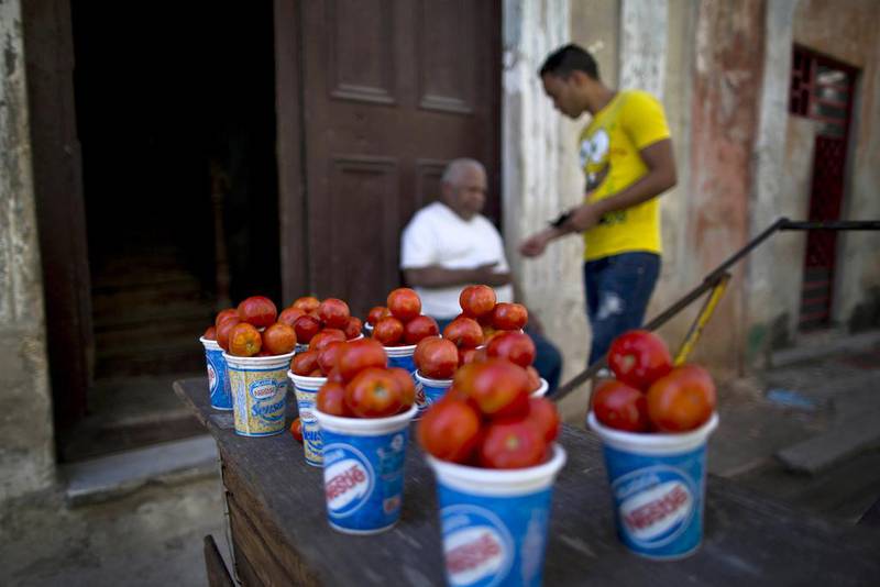 A man sells tomatoes on a street of Old Havana in Havana. Ramon Espinosa / AP Photo