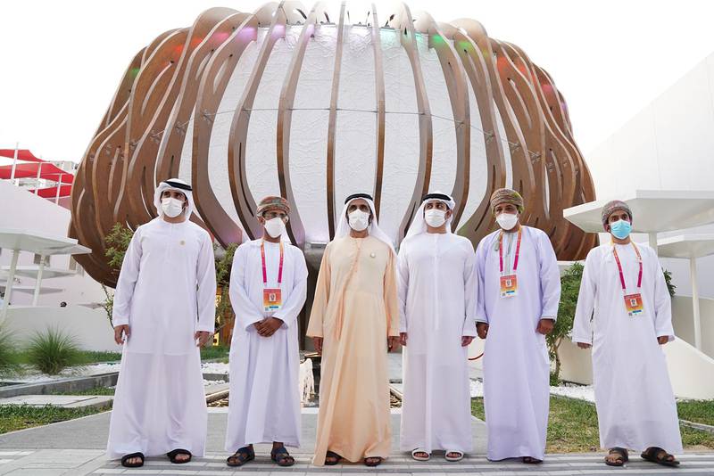 Sheikh Mohammed bin Rashid, Ruler of Dubai; Sheikh Hamdan bin Mohammed, Crown Prince of Dubai; and Sheikh Maktoum bin Mohammed, Deputy Ruler of Dubai, at Oman’s pavilion