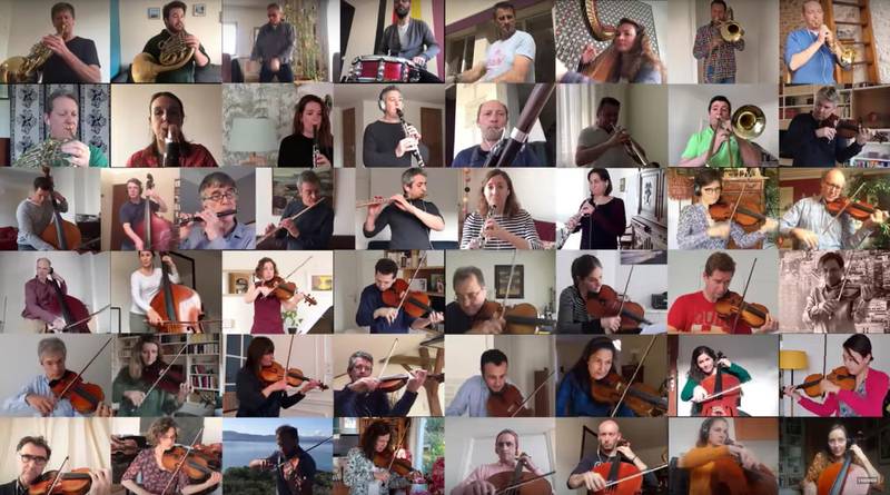FRANCE: In this handout photo provided by the National Orchestra of France on April 1, 2020, musicians are shown in the screenshot as a patchwork, each performing parts of "Bolero" alone in lockdown. National Orchestra of France via AP