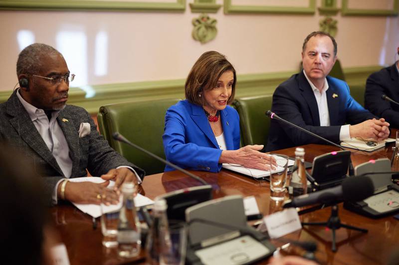 Ms Pelosi speaking during her meeting with Mr Zelenskyy and Ukrainian officials. AFP /  Ukrainian Presidential Press Service