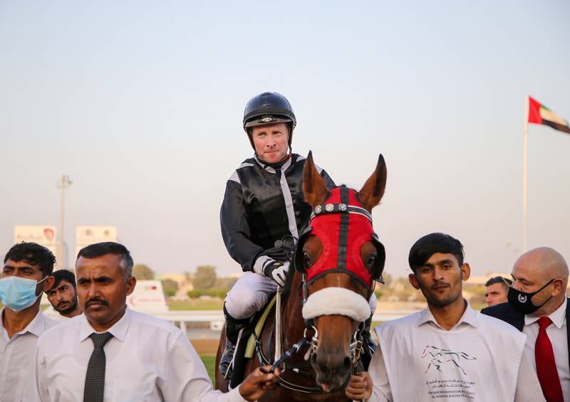 Tadhg O’Shea after winning on Al Ramz in Abu Dhabi’s final meeting of the season on Thursday, March 31, 2022. - ADEC