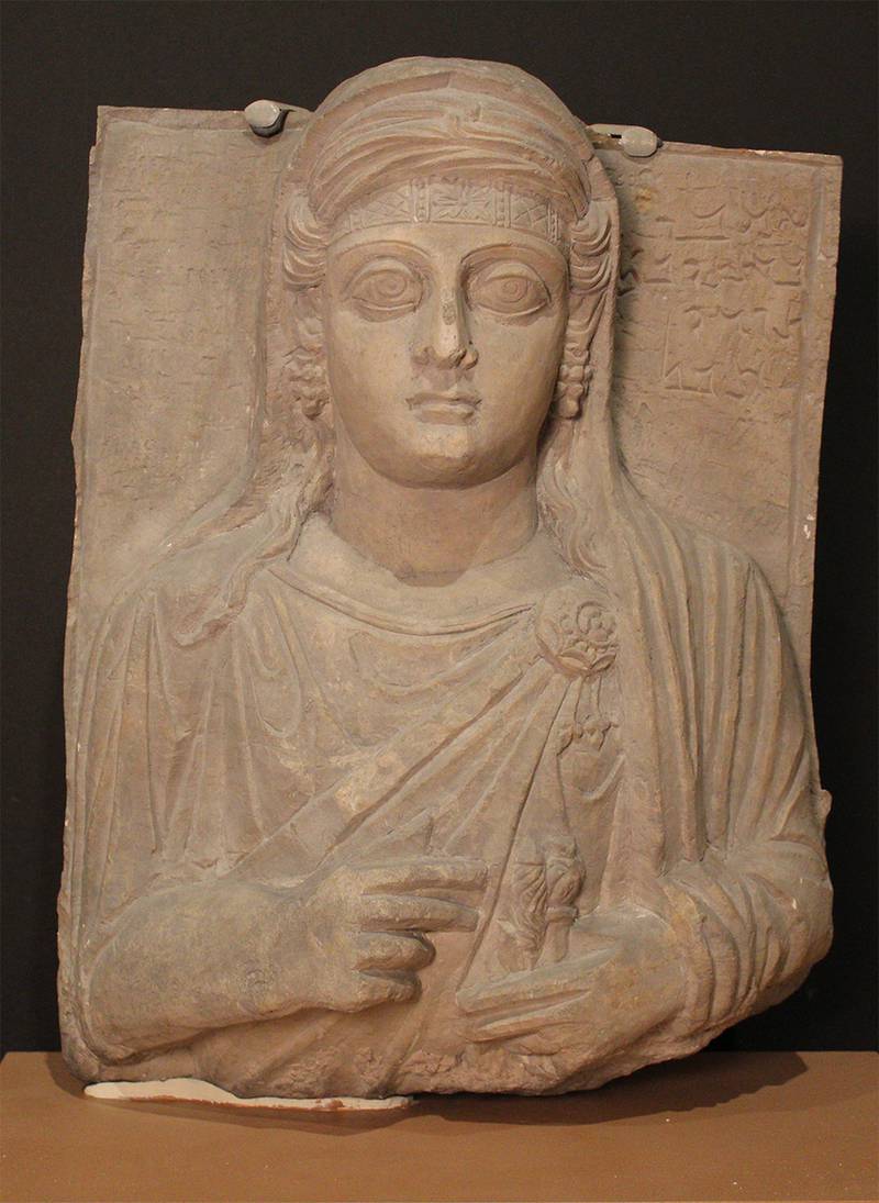 Portrait of Ambai, from Palmyra, carved from limestone and dating from the mid-first to mid-second century. It shows how clothing was worn at the time and reveals details such as the embroidered headband