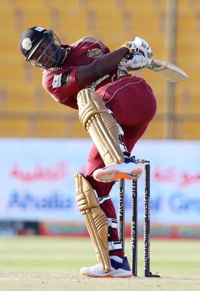 Abu Dhabi, United Arab Emirates - November 17, 2019: Northern Warriors' Andre Russell hits out during the game between Team Abu Dhabi and The Northern Warriors in the Abu Dhabi T10 league. Sunday the 17th of November 2019. Zayed Cricket Stadium, Abu Dhabi. Chris Whiteoak / The National