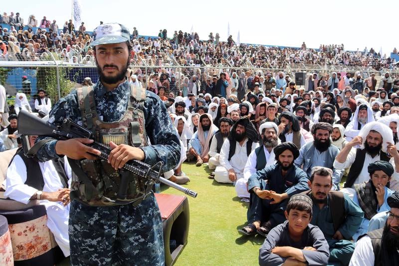 Supporters of the Taliban gather to listen to Haji Mohammad Yousaf, the governor for Kandahar province, in Kandahar, Afghanistan.  EPA
