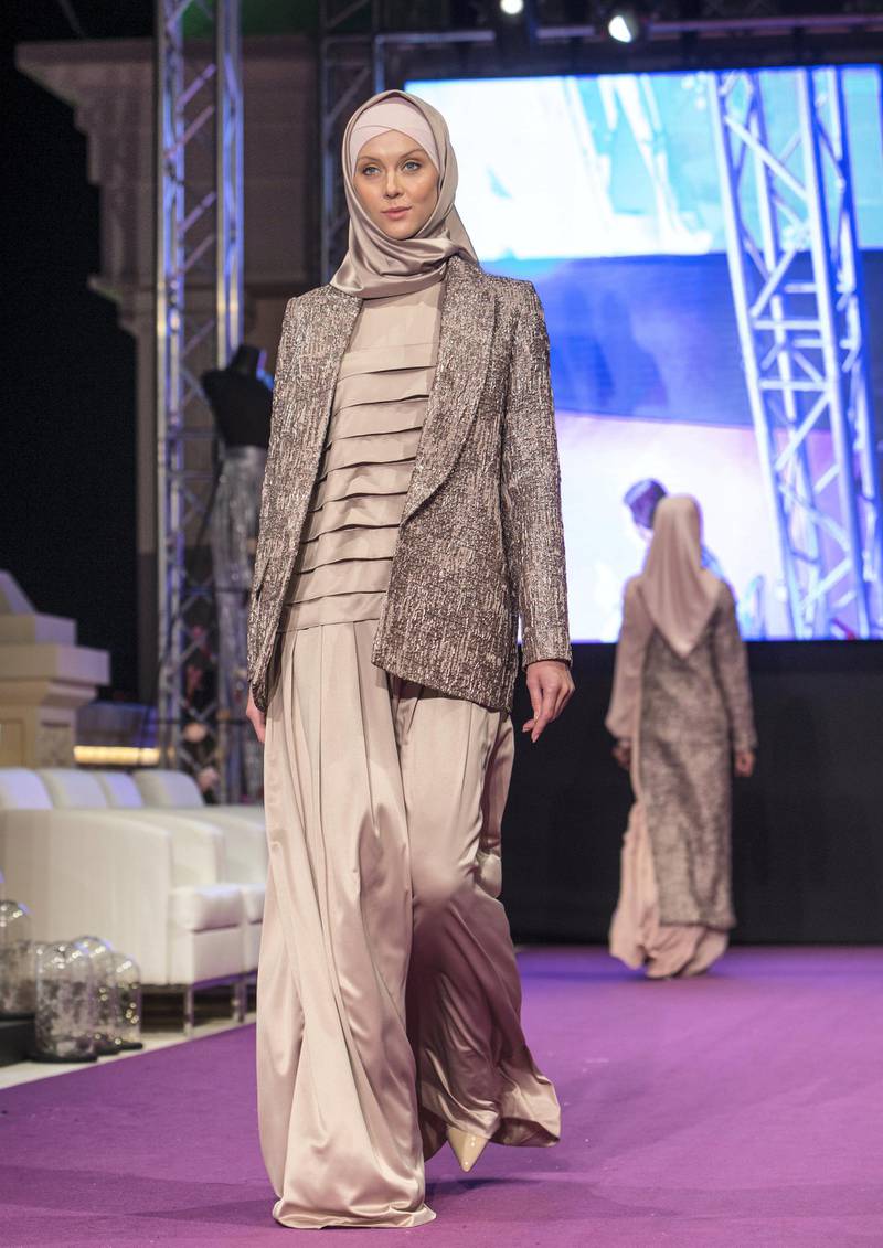 DUBAI, UNITED ARAB EMIRATES -Maryan Suleymanova show at the second day of Dubai Modest Fashion Show at Emerald Palace Kempinski, Dubai.  Leslie Pableo for The National for Hafsa Lodi's story