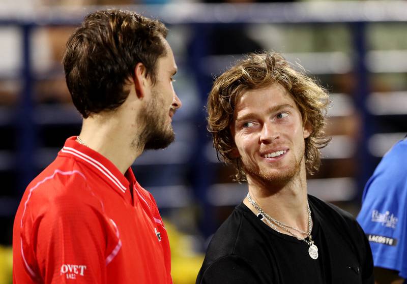 Andrey Rublev with Daniil Medvedev after the match. Reuters