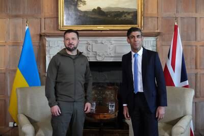 Britain's Prime Minister, Rishi Sunak talks with Ukraine's President, Volodymyr Zelenskyy, ahead of a bilateral meeting at Chequers on May 15, 2023 in Aylesbury, England. Reuters