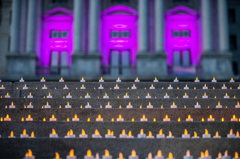 Tea lights are seen after nursing home workers and advocates lit over 3,400 of them on the steps of the state Capitol in Harrisburg, Pennsylvania to represent the women and men who have died of Covid19 in Pennsylvania nursing homes. The Patriot-News via AP