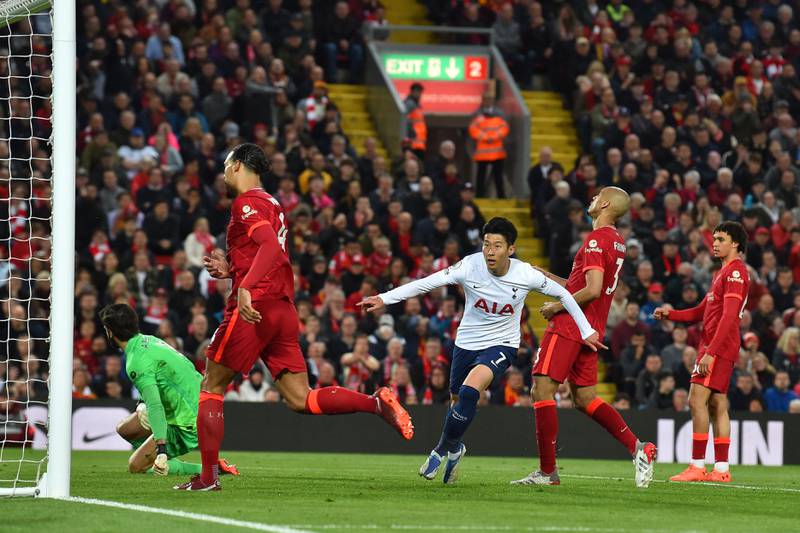 Son Heung-Min begins to celebrate after scoring the opening goal against Liverpool. AFP