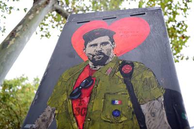 A new artwork by street artist TVBoy depicting Lionel Messi entitled "Hasta Siempre Comandante" (Until Forever, Commander) in Barcelona. AFP