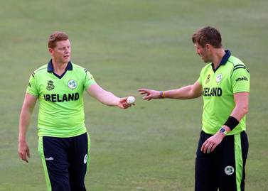 Kevin O'Brien, left, during Ireland's T20 World cup Qualifier warm-up game against the Netherlands in Dubai this week. Chris Whiteoak / The National