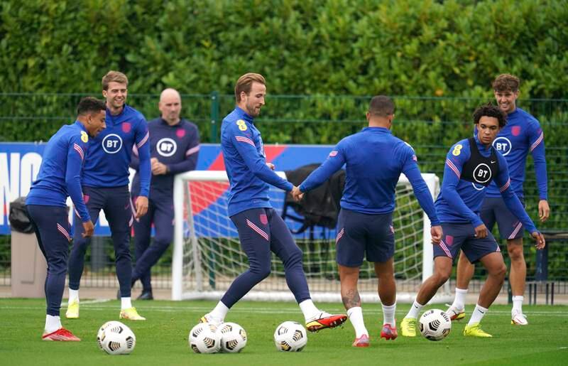 Harry Kane, centre, trains with teammates ahead of England's World Cup 2022 qualifying match against Andorra on Sunday. AP