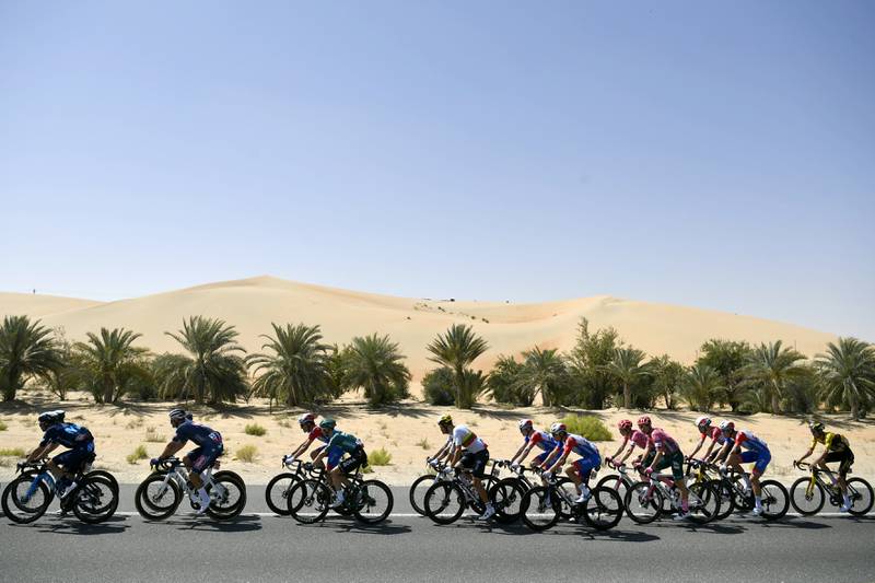 Cyclists during the first stage of the UAE Tour in Abu Dhabi on Sunday. AP