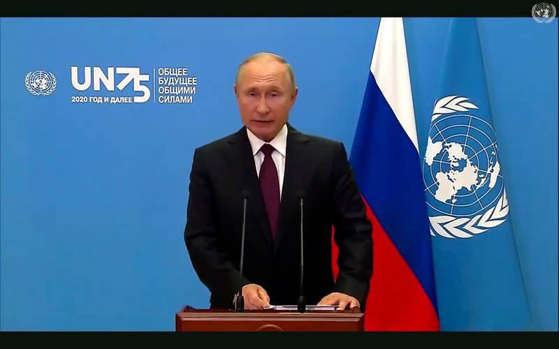 Russian President Vladimir Putin, speaks in a pre-recorded message which was played during the 75th session of the United Nations General Assembly. UNTV via AP